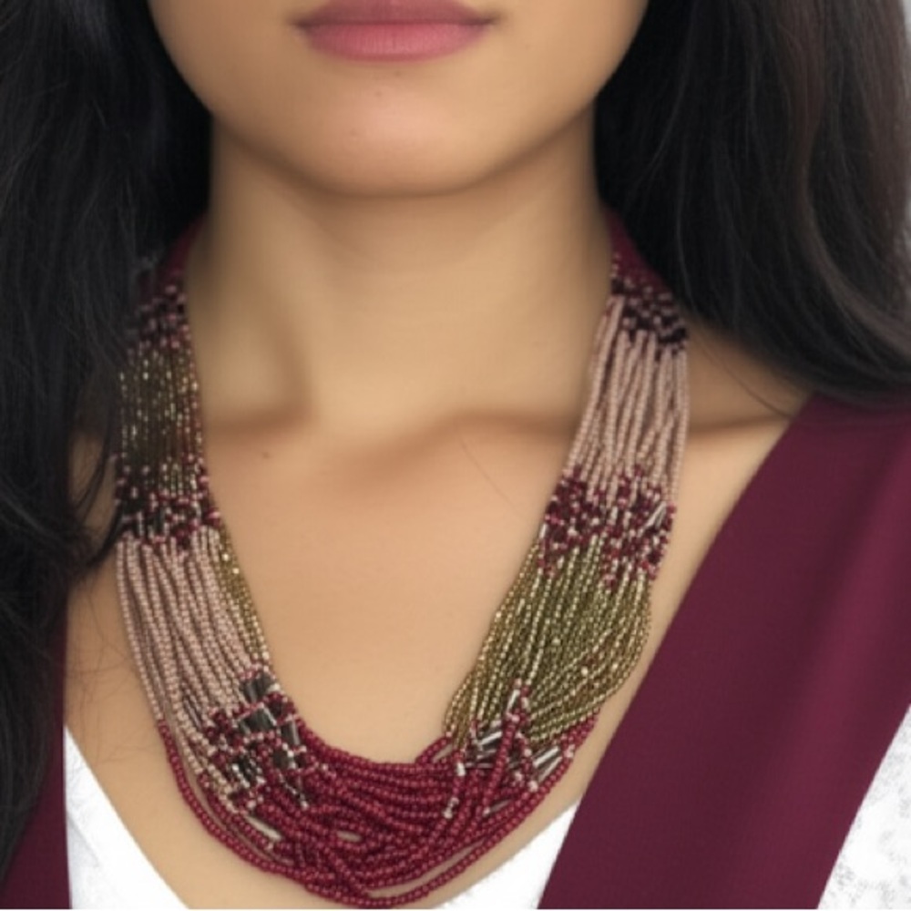 Bohemian Multi Strand‎ Micro Glass Bead Torsade Pink Green Statement Necklace